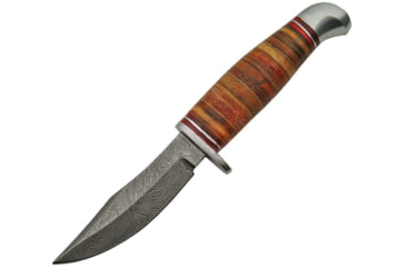 Image of Damascus Stacked Leather Skinner Knife, 7.75in Overall, 3.5in Damascus Steel Clip Point Blade, Stacked Leather Handle, Aluminum Guard And Aluminum Pommel, Brown Leather Sheath, DM-1166
