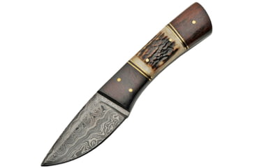 Image of Damascus Stag and Wood Knife, 8in Overall, 3.5in Damascus Steel Blade, Stag Bone And Wood Handle, Brown Leather Sheath, DM-1183