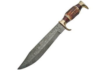 Image of Damascus Stag Bowie Damascus Knife, 16.25in Overall, 10.5in Damascus Steel Clip Point Blade, Stag Bone Handle, Brass Guard, DM-1164
