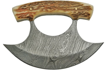 Image of Damascus Ulu Knife, 4.38in Handle, 5.5in Damascus Steel Ulu Blade, Stag Bone Handles, Brown Leather Sheath, DM-1111SG