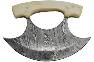 Image of Damascus Ulu Knife, 5.5in Damascus Steel Ulu Blade, 4.5in Smooth Bone Handle, Brown Leather Sheath, Full Tang, DM-1111BO