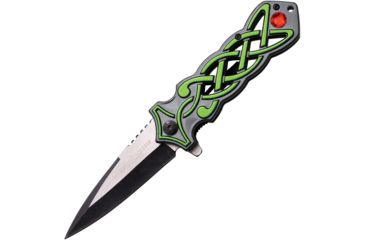 Image of Dark Side Blades Celtic Linerlock A/O Green/Gry Folding Knife,3.5in,Stainless Steel,Standard Edge,Black and Satin,Green and Gray,Aluminum Handle, DS-A021GN