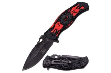 Image of Dark Side Blades Folding Blade, 3.75in, Stainless Steel Blade, Double Anodized Stamped Skull Red Aluminum Handle DS-A024RD
