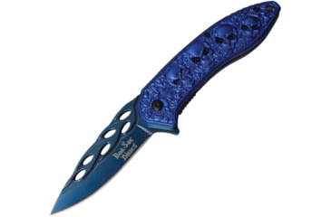 Image of Dark Side Blades Skull Linerlock A/O Folding Knife, 4.75in Closed, 3.5in Blue Titanium Coated SS Drop Point, Blue Sculpted Aluminum, DS-A055BL