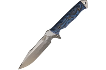 Image of Dawson Knives Mojave 6 Blue/Fixed Blade Knives, 11.38in Overall, 6in Hamon Finish Cpm-3V Carbon Steel Blade, Black/Blue Sculpted G10 Handle, Serialized, Black Kydex And Brown Leather Sheath, DW03074