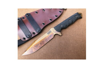 Image of Dawson Knives Mojave 6 Fixed Blade Knife, 11.38in Overall, 6in Arizona Copper Finish Cpm-3V Carbon Steel Blade, Black Sculpted G10 Handle, Serialized, Black Kydex And Brown Leather Sheath, DW63820