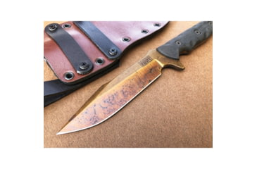 Image of Dawson Knives Mojave 6 Fixed Blade Knife, 11.38in Overall, 6in Arizona Copper Finish Cpm-3V Carbon Steel Blade, Black Sculpted G10 Handle, Serialized, Black Kydex And Brown Leather Sheath, DW63820