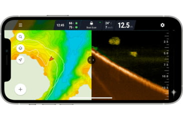 Image of Choose your fishing type to see bathymetric maps and/or sonar readings in an individual or split-screen view. Examine fish, vegetation, and underwater structure, as well as bottom contour, hardness, and consistency.