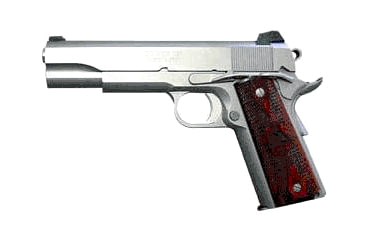 Image of Detonics ServiceMaster Pistol, .45 ACP, 4.25in barrel, stainless steel frame, checkered rosewood w/logo grip, recoil operated semi-automatic, low profile fixed combat 3-Dot, 7 round magazine, DTS-45-4.25-1-FRRMPG