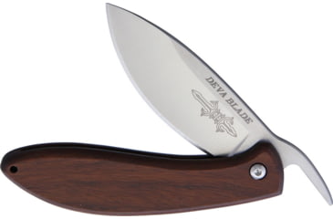 Image of Deva Blade Skanda Folder Formosan Folding Knife, 2.75in Satin SS Blade, Formosan Koa Wood Handle, Brown Leather Sheath, DEV03
