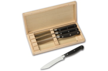 Image of Dragon by Apogee Recurve Steak Knife Set Kitchen Knives, 9.25in Overall, 5.5in Satin Partially Serrated SS Blade, Black Polypropylene Handle, SS Guard, Set Of Four, ACES-KSET-0401