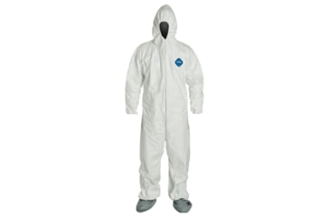 Image of DuPont Tyvek 400 Coverall w/Respirator Fit Hood and Attached Skid-Resistant Boots, Elastic Wrists, Waist, White, M, Case of 25, TY122SWHMD00