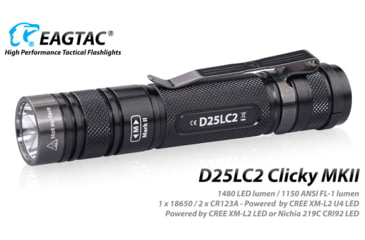 Image of EAGTAC D25LC2 Clicky MKII Flashlight, Luminus SST20 CRI-95 4000K NW LED, 820lm, Black, D25LC2-CLICKY-MKII-SST20-NW