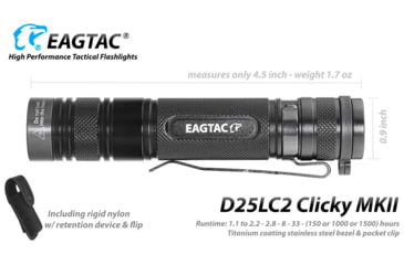Image of EAGTAC D25LC2 Clicky MKII Flashlight, Luminus SST20 CRI-95 4000K NW LED, 820lm, Black, D25LC2-CLICKY-MKII-SST20-NW