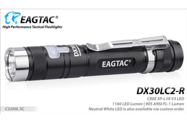Image of EAGTAC DX30LC2-R Rechargeable Flashlight, XP-L HI V2 NW LED, 1084lm, Black, DX30LC2R-XPLHI-BASE-NW