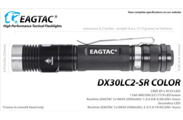 Image of EAGTAC DX30LC2-SR Side-LED Rechargeable Flashlight, Spot XP-L HI V2 NW w/ Flood Nichia 219B CRI92 5700K LED, 1080lm/390lm, Black, DX30LC2SR-XPLHINW-SIDE219B-BASE