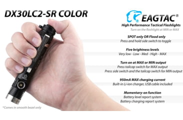 Image of EAGTAC DX30LC2-SR Side-LED Rechargeable Flashlight, Spot XP-L HI V2 NW w/ Flood Nichia 219B CRI92 5700K LED, 1080lm/390lm, Black, DX30LC2SR-XPLHINW-SIDE219B-BASE