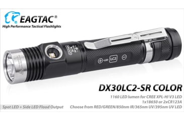 Image of EAGTAC DX30LC2-SR Side-LED Rechargeable Flashlight, Spot XP-L HI V2 NW w/ Flood Nichia 219B CRI92 5700K LED, 1080lm/390lm, Black, DX30LC2SR-XPLHINW-SIDE219B-BASE