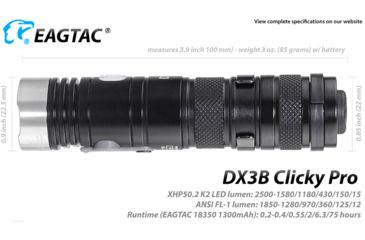 Image of EAGTAC DX3B Clicky PRO Rechargeable XHP50.2 LED 2500 Lumen LED Flashlight, Black, Small 4253