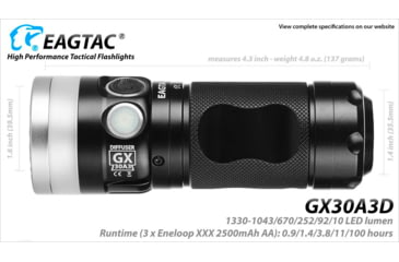 Image of EAGTAC GX30A3-D Flashlight, XPL HI CW w/ LEDarray LED, 1330lm w/ 1000lm, Black, GX30A3-Diffuser-XPLHI-CW