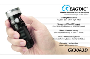 Image of EAGTAC GX30A3-D Flashlight, XPL HI CW w/ LEDarray LED, 1330lm w/ 1000lm, Black, GX30A3-Diffuser-XPLHI-CW