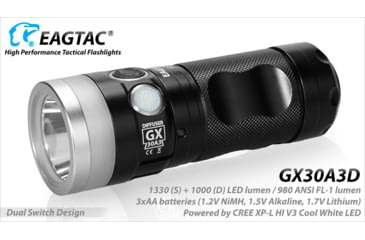 Image of EAGTAC GX30A3-D Flashlight, XPL HI CW w/ LEDarray LED, 1330lm w/ 1000lm, Black, GX30A3-Diffuser-XPLHI-CW
