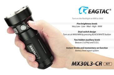 Image of EAGTAC MX30L3-CR Flashlight Kit, 6 Nichia 219B 5700K CRI92 R9050 SW57 D220 LED, 3600lm, Black, MX30L3CR-6*SST20-KIT-NW