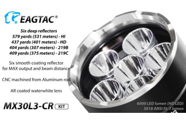Image of EAGTAC MX30L3-CR Flashlight Kit, 6 Nichia 219B 5700K CRI92 R9050 SW57 D220 LED, 3600lm, Black, MX30L3CR-6*SST20-KIT-NW