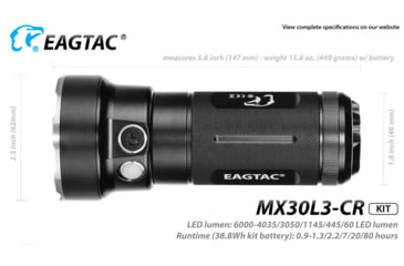 Image of EAGTAC MX30L3-CR Flashlight Kit, 6 Nichia 219B 5700K CRI92 R9050 SW57 D220 LED, 3600lm, Black, MX30L3CR-6*SST20-KIT-NW