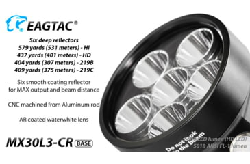 Image of EAGTAC MX30L3-CR Flashlight Kit, 6 Nichia 219B 5700K CRI92 R9050 SW57 D220 LED, 3600lm, Black, MX30L3CR-6*SST20-KIT-NW