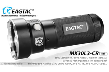 Image of EAGTAC MX30L3-CR Flashlight Kit, 6 Nichia 219B 5700K CRI92 R9050 SW57 D220 LED, 3600lm, Black, MX30L3CR-6*SST20-KIT-NW