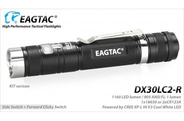 Image of Eagtac Rechargeable DX30LC2-R XPL HI 1160 Lumens LED Flashlight, Black, Medium, DX30LC2RXPLHI