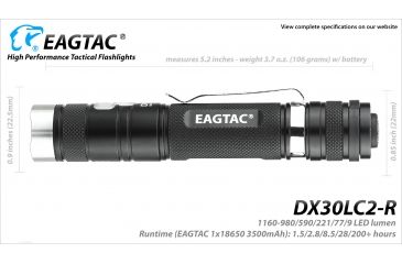 Image of Eagtac Rechargeable DX30LC2-R XPL HI 1160 Lumens LED Flashlight Kit, Black, Medium, DX30LC2RXPLHIKIT