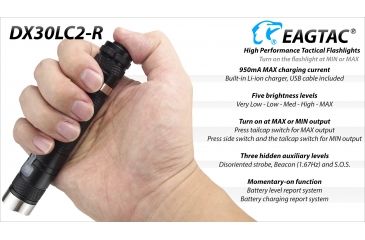Image of Eagtac Rechargeable DX30LC2-R XPL HI 1160 Lumens LED Flashlight Kit, Black, Medium, DX30LC2RXPLHIKIT