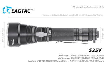 Image of EAGTAC S25V CSLPM1 Flashlight, 21700 5000mAh li-ion, CW LED, 1200 Lumen, Black, S25V-CSLPM1-CW