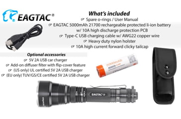Image of EAGTAC S25V CSLPM1 Flashlight, 21700 5000mAh li-ion, CW LED, 1200 Lumen, Black, S25V-CSLPM1-CW