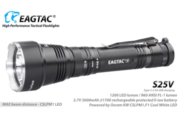 Image of EAGTAC S25V CSLPM1 Flashlight, 21700 5000mAh li-ion, CW LED, 1200 Lumen, Black, S25V-CSLPM1-CW