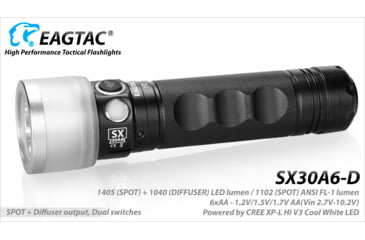 Image of EAGTAC SX30A6-D Flashlight, XPL HI CW w/ LEDarray LED, 1405lm w/ 1040lm, Black, SX30A6D-XPLHI-CW