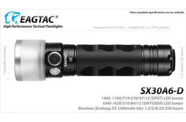 Image of EAGTAC SX30A6-D Flashlight, XPL HI CW w/ LEDarray LED, 1405lm w/ 1040lm, Black, SX30A6D-XPLHI-CW