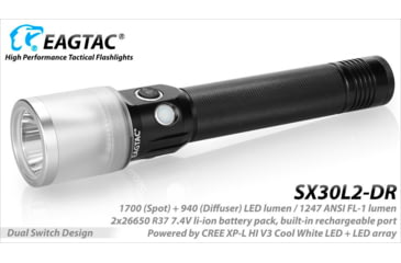 Image of EAGTAC SX30L2-DR Flashlight, XPL HI CW w/ LEDarray LED, 1700lm w/ 940lm, Black, SX30L2-DR-XPLHI-BASE-CW