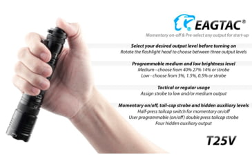 Image of EAGTAC T25V XHP70.2 Flashlight, 21700 5000mAh li-ion, NW LED, 2990 Lumen, Black, T25V-XHP702-NW