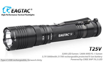 Image of EAGTAC T25V XHP70.2 Flashlight, 21700 5000mAh li-ion, NW LED, 2990 Lumen, Black, T25V-XHP702-NW