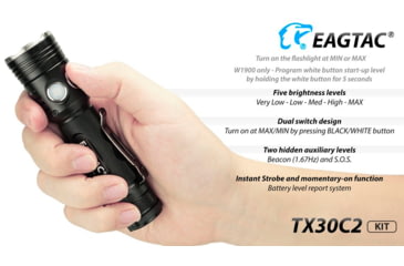 Image of EAGTAC TX30C2 Base Flashlight, Nichia 219C CRI92 4000K LED, 885lm, Black, TX30C2-219C-BASE-NW
