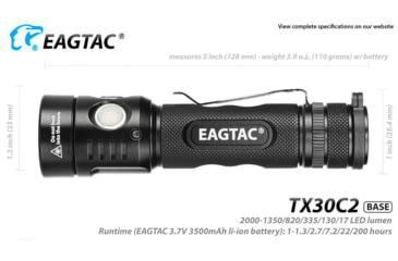 Image of EAGTAC TX30C2 Base Flashlight, Nichia 219C CRI92 4000K LED, 885lm, Black, TX30C2-219C-BASE-NW