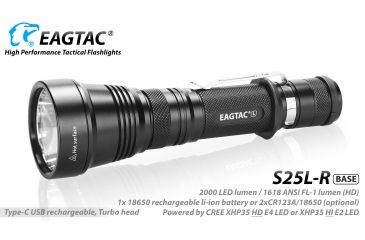 Image of Eagtac USB Rechargeable S25LR XHP35 HI 385 Meter Tactical Flashlight, Black, Medium, S25LRXHP35HI