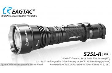 Image of Eagtac USB Rechargeable S25LR XHP35 HI 385 Meter Tactical Flashlight KIT, Black, Medium, S25LRXHP35HIKIT