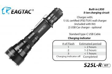 Image of Eagtac USB Rechargeable S25LR XHP35 HI 385 Meter Tactical Flashlight KIT, Black, Medium, S25LRXHP35HIKIT