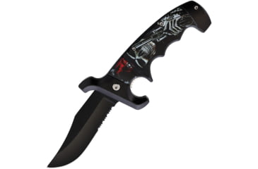Image of ElitEdge Skull Serrated A/O Folding Knife, 5in Closed, 3.75in, Black Partially Serrated Stainless Clip Point Blade, Synthetic Handle, 10-A79SKG
