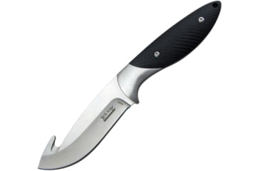 Image of Elk Ridge Evolution Knife, 9in Overall, 4.25in Satin 8Cr13Mov SS Guthook Blade, Black G10 Handle, SS Guard, Black Leather Sheath, ERE-FIX016GH-BK