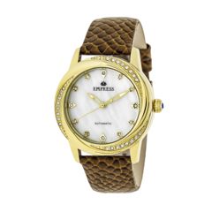 Image of Empress Ayala Automatic Mother-Of-Pearl Leather-Band Watch, Gold/White, Standard EMPEM1005